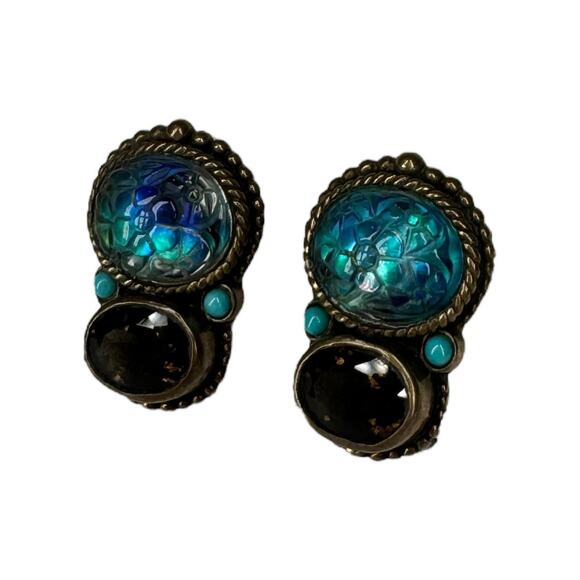 Stephen Dweck Clip On Earring Vintage Carved Smoky Quartz Turquoise Blue Crystal - Picture 3 of 11